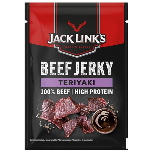 Opakowanie suszonej wołowiny z napisem "Jack Link's Protein Snacks" na górze, "Beef Jerky Teriyaki" poniżej oraz "100% Beef | High Protein" na dole. Na opakowaniu widoczne są kawałki suszonej wołowiny oraz miseczka z sosem.