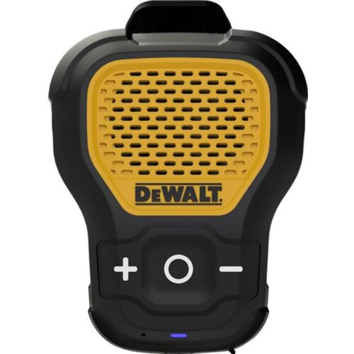 Żółto-czarny głośnik mobilny z widocznym logo "DEWALT" na żółtej kratce. Na dole znajdują się przyciski z symbolami plusa, kółka i minusa.