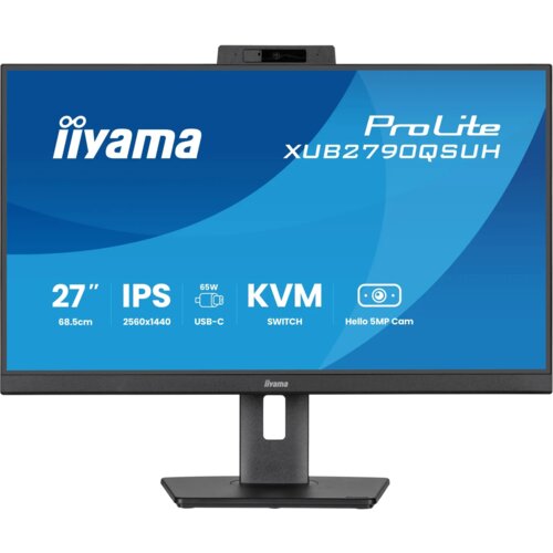 Monitor marki iiyama z modelem ProLite XUB2790QSUH, o przekątnej 27 cali, rozdzielczości 2560x1440 pikseli, technologii IPS, częstotliwości odświeżania 100Hz i czasie reakcji 0.4 ms. Na ekranie widoczne są informacje: "27” 68.5cm", "IPS 2560x1440", "65W USB-C", "KVM SWITCH", "Hello 5MP Cam".
