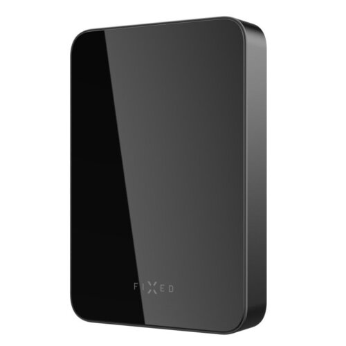 Czarny powerbank o prostokątnym kształcie z zaokrąglonymi krawędziami, na którego powierzchni widoczne jest logo "FIXED". Powierzchnia jest gładka i błyszcząca.
