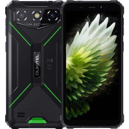 Smartfon OUKITEL G3 4/128GB 6" w kolorze zielonym, z widocznym logo "OUKITEL" na tylnej obudowie, posiada teksturowaną powierzchnię z zielonymi akcentami oraz wyświetlacz z motywem zielonych liści. Na tylnej części znajdują się trzy obiektywy aparatu oraz