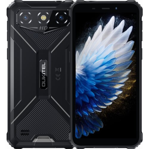 Na zdjęciu widoczny jest czarny smartfon z wyświetlaczem przedstawiającym kolorowe pióra oraz tylną obudową z trzema aparatami i napisem "OUKITEL". Obudowa ma teksturowaną powierzchnię i oznaczenia "HD" oraz symbole CE.