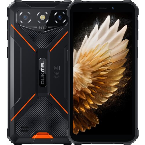 Smartfon z widocznym ekranem i tylną obudową, na której znajduje się logo "OUKITEL" oraz oznaczenia CE. Ekran wyświetla obraz przypominający złote pióra na ciemnym tle.