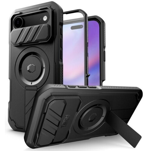 Czarne etui TECH-PROTECT Kevlar MagSafe do Apple iPhone Air jest widoczne z różnych perspektyw, ukazując solidną konstrukcję z okrągłym uchwytem i podpórką. Na etui znajduje się napis "TECH-PROTECT".