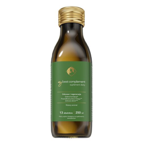 Butelka z ciemnego szkła z zieloną etykietą, na której widnieje napis "my.best complement suplement diety" oraz informacje o właściwościach produktu: "Odnowa i regeneracja, Dobra kondycja*, Prawidłowa praca mózgu**, Zdrowa skóra**" i "Różany aromat". Na d
