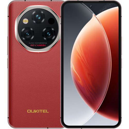 Czerwony smartfon z dużym ekranem, na którym widoczna jest abstrakcyjna grafika w odcieniach pomarańczowego i szarego. Na tylnej obudowie znajduje się okrągły moduł z trzema obiektywami i napisem "SUPER PERFORMANCE HD CAMERA", poniżej logo "OUKITEL".