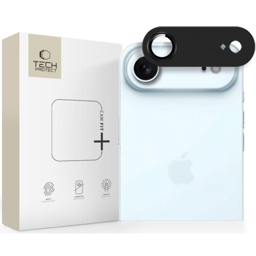Pudełko z logo "TECH PROTECT" i napisem "CAM FIT+" obok telefonu z nałożoną czarną nakładką na obiektyw. Na pudełku znajdują się ikony z podpisami: "ANTI FINGERPRINT", "SCRATCH RESISTANT", "TOUCH SENSITIVITY".