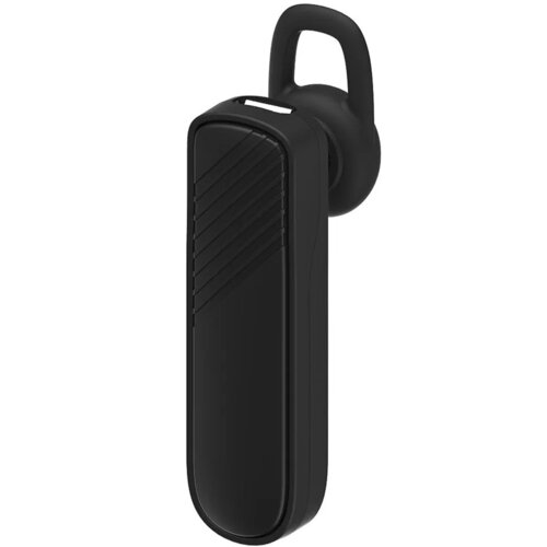Czarna słuchawka Bluetooth o prostokątnym kształcie z zaokrąglonymi krawędziami, posiadająca delikatne, ukośne żłobienia na powierzchni. W górnej części widoczny jest otwór na zaczep do ucha.