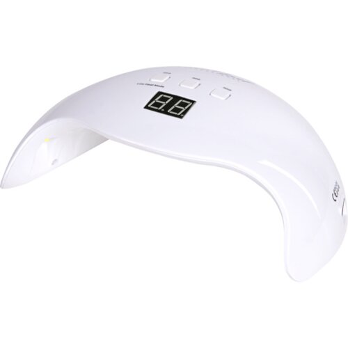 Biała lampa UV/LED do paznokci z wyświetlaczem LCD pokazującym cyfry "8.8" oraz trzema przyciskami oznaczonymi jako "Low Heat Mode", "mode" i "mode 2". Na powierzchni widoczne są także oznaczenia CE.
