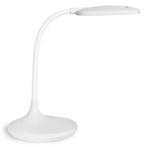 Biała lampa o nowoczesnym designie z elastycznym ramieniem i płaską, okrągłą podstawą. Górna część lampy jest płaska i owalna.