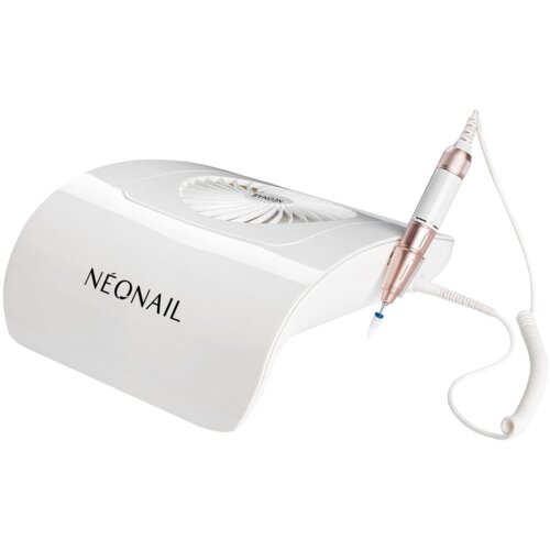 Biały, zaokrąglony produkt z widocznym logo "NEONAIL" oraz wbudowanym wentylatorem, do którego podłączona jest różowo-biała końcówka frezarki z białym spiralnym kablem.