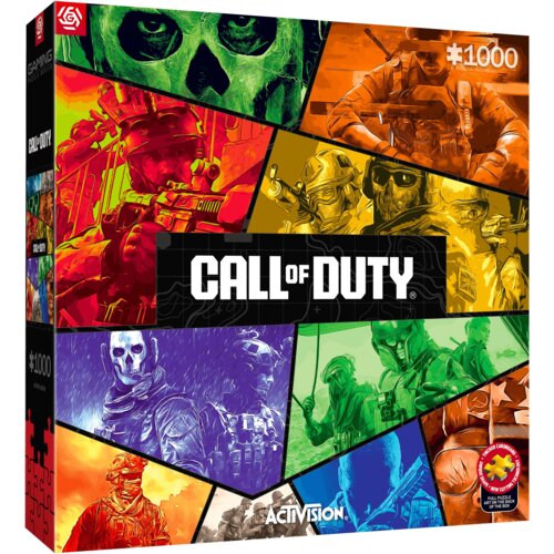 Opakowanie puzzli przedstawia kolorowy kolaż postaci z gry "Call of Duty" z centralnie umieszczonym logo gry. W prawym górnym rogu widnieje napis "#1000", a w lewym dolnym rogu znajduje się logo "ACTIVISION".