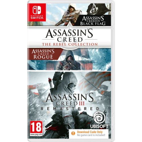Okładka gry na konsolę Nintendo Switch z tytułem "Assassin’s Creed Compilation (Rebel Collection + AC3)". Widoczne są trzy sekcje z napisami: "Assassin's Creed IV Black Flag", "Assassin's Creed Rogue" oraz "Assassin's Creed III Remastered", a także logo U