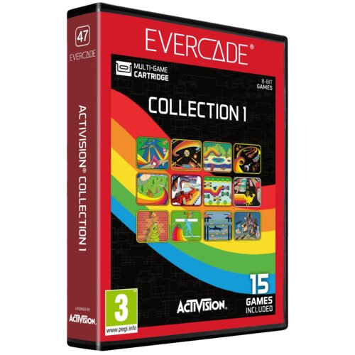 Czerwona okładka z napisem "EVERCADE" i "COLLECTION 1" zawiera kolorowe miniatury gier oraz informacje "15 GAMES INCLUDED" i "LICENSED BY ACTIVISION". Widoczne jest logo PEGI z oznaczeniem "3" oraz napis "ACTIVISION COLLECTION 1" na grzbiecie.