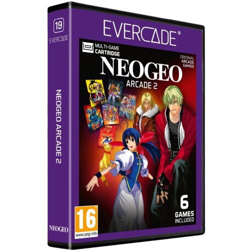 Fioletowe opakowanie gry "EVERCADE Neogeo Arcade 2" z ilustracjami postaci z gier oraz napisami: "MULTI-GAME CARTRIDGE", "ORIGINAL ARCADE GAMES", "6 GAMES INCLUDED". W dolnym rogu widnieje oznaczenie wiekowe "16" oraz adres strony "www.pegi.info".