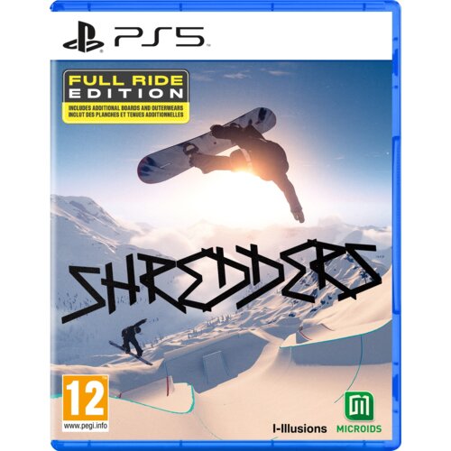 Okładka gry "Shredders: Full Ride Edition" na PS5 przedstawia snowboardzistę wykonującego skok na tle ośnieżonych gór, z dużym napisem "SHREDDERS" na środku. W lewym górnym rogu znajduje się logo PS5, a poniżej żółty napis "FULL RIDE EDITION" z informacją