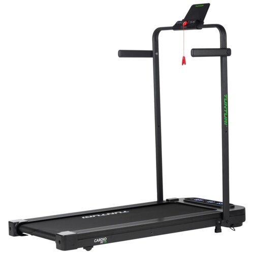 Czarna bieżnia elektryczna z wyświetlaczem i uchwytami, na której widoczne są napisy "TUNTURI" oraz "CARDIO FIT T5". Na panelu sterowania znajduje się czerwony klucz bezpieczeństwa.