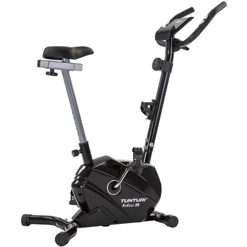 Czarny rower magnetyczny z siodełkiem i kierownicą, na obudowie widoczny napis "TUNTURI FitCycle 20". Rower posiada stabilną podstawę i regulowane elementy.