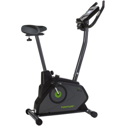 Rower magnetyczny z czarną ramą i siodełkiem, wyposażony w kierownicę z panelem sterującym. Na obudowie widoczne jest logo "TUNTURI" oraz napis "Cardio Fit".