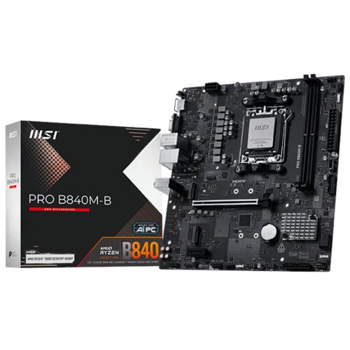 Pudełko i płyta główna MSI Pro B840M-B są widoczne na zdjęciu. Na pudełku znajduje się tekst: "PRO B840M-B", "AMD Ryzen 5000 Desktop Ready", "Ready for AI PC", "B840".