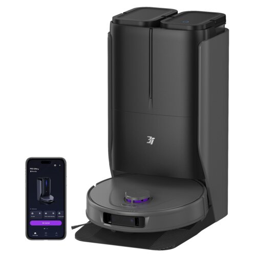 Ciemnoszary robot sprzątający z okrągłą podstawą i stacją dokującą, na której widoczne jest logo "3I". Obok znajduje się smartfon z aplikacją pokazującą obraz robota i przyciski sterujące.