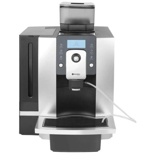 Srebrno-czarny ekspres do kawy z wyświetlaczem, na którym widnieje napis "COFFEE". Na panelu przednim znajduje się logo "HENDI" oraz kilka przycisków funkcyjnych.