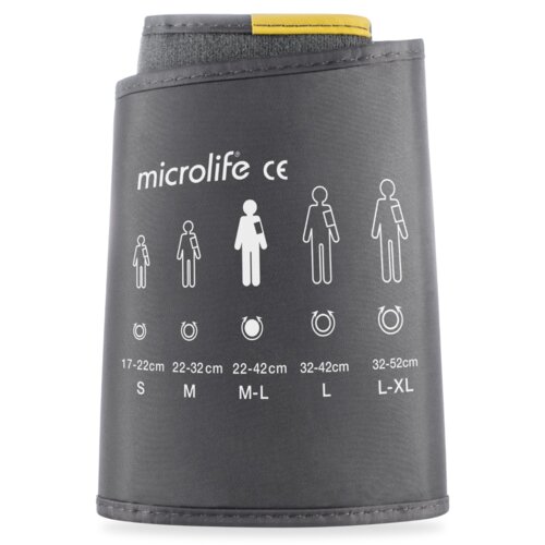 Ciemnoszary mankiet do ciśnieniomierza z widocznym logo "microlife CE" oraz ilustracjami przedstawiającymi różne rozmiary: S (17-22 cm), M (22-32 cm), M-L (22-42 cm), L (32-42 cm), L-XL (32-52 cm). Na górze mankietu znajduje się żółty pasek.