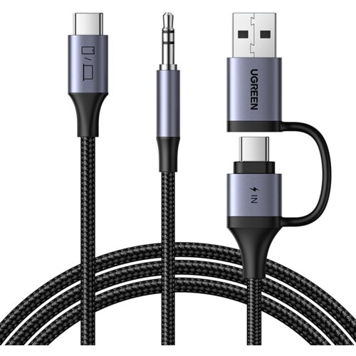 Na zdjęciu widoczny jest pleciony kabel z trzema różnymi złączami: USB, USB-C oraz mini jack. Na złączach znajdują się oznaczenia: "UGREEN", symbol "IN" oraz ikony przedstawiające wejścia i wyjścia.