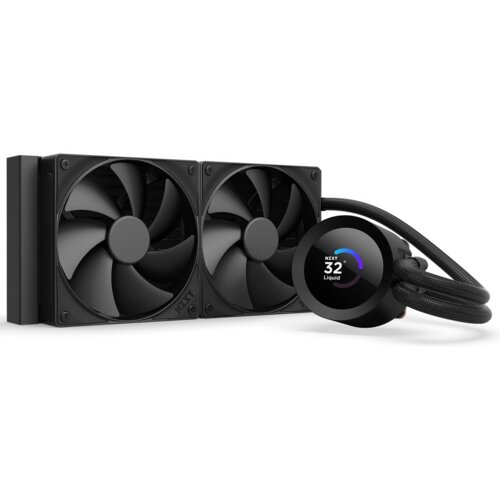 Na zdjęciu znajduje się system chłodzenia wodnego z dwoma wentylatorami i okrągłym blokiem wodnym z wyświetlaczem, na którym widnieje napis "NZXT 32° Liquid". Produkt jest w kolorze czarnym, a na wentylatorach widoczne jest logo "NZXT".
