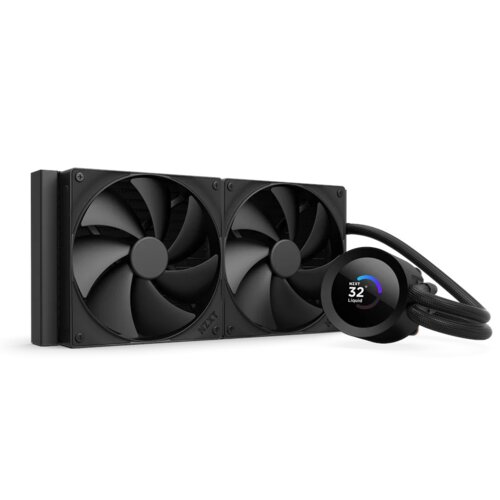 Czarne chłodzenie wodne z dwoma wentylatorami i okrągłym wyświetlaczem LCD, na którym widnieje napis "NZXT 32 Liquid". Na obudowie wentylatora znajduje się logo "NZXT".