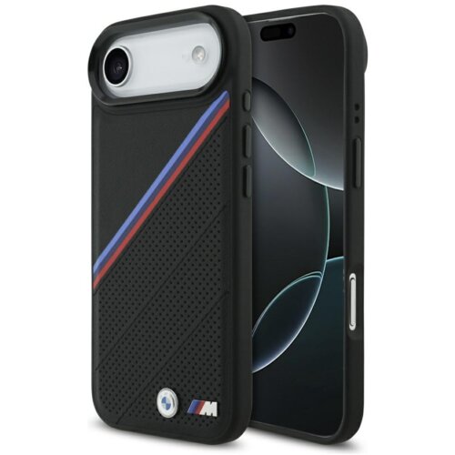 Czarne etui na telefon z perforowaną powierzchnią i trzema ukośnymi paskami w kolorach niebieskim, granatowym i czerwonym. W dolnym rogu widoczne jest logo BMW z literą "M".