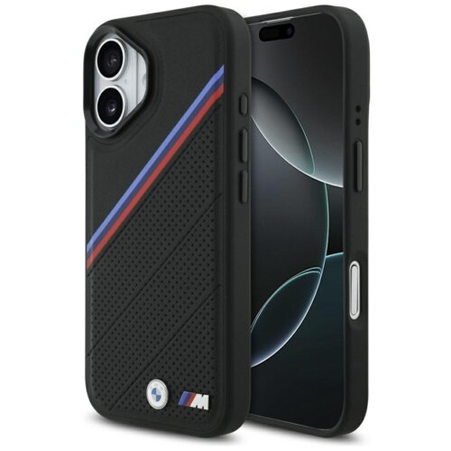 Czarne etui na telefon z widocznymi perforacjami i ukośnymi liniami, ozdobione trzema paskami w kolorach niebieskim, granatowym i czerwonym oraz metalowym logo "M". Na dole znajduje się okrągłe logo BMW.