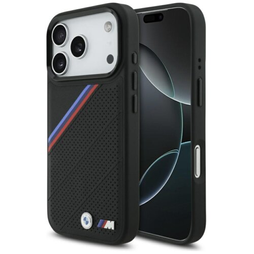 Czarne etui na telefon z trzema dużymi otworami na aparaty, ozdobione perforowanym wzorem oraz ukośnymi paskami w kolorach niebieskim, granatowym i czerwonym. Na dole widoczne jest metalowe logo z literą "M" oraz okrągłym emblematem.