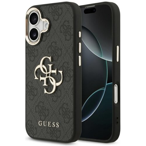 Czarne etui na telefon z dużym, złotym logo "4G" oraz napisem "GUESS" na dole, zaprojektowane dla modelu Apple iPhone 17. Etui ma teksturowaną powierzchnię z subtelnym wzorem i wycięciami na przyciski oraz aparat.