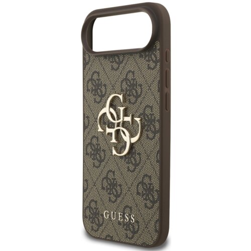 Brązowe etui na telefon z wzorem 4G i dużym logo GUESS na środku, wykonane z materiału o teksturze przypominającej tkaninę. Na dole etui znajduje się napis "GUESS" w kolorze złotym.