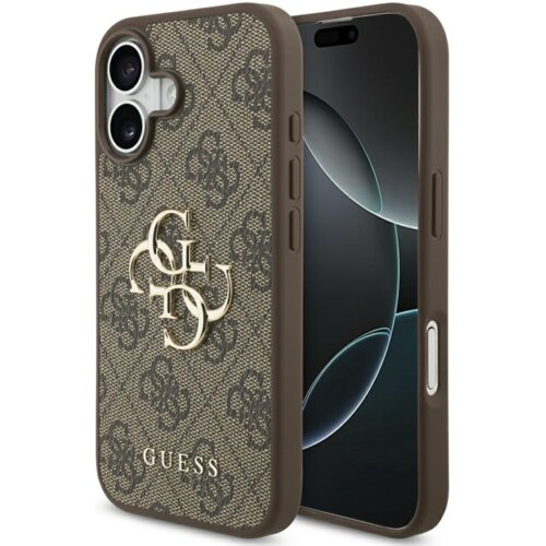 Brązowe etui na telefon z wzorem 4G i dużym, złotym logo GUESS, przeznaczone dla Apple iPhone 17. Na etui widoczny jest napis "GUESS".