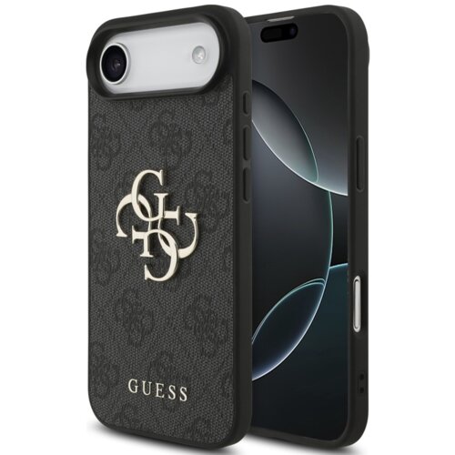 Czarne etui na telefon z dużym, złotym logo "4G" oraz napisem "GUESS" na dole. Etui ma teksturowaną powierzchnię i jest dopasowane do modelu Apple iPhone 17 Air.