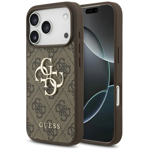 Brązowe etui na telefon z wzorem 4G i dużym logo GUESS, przeznaczone dla Apple iPhone 17 Pro. Na etui widoczny jest wzór z literami "G" i "U", a poniżej napis "GUESS".