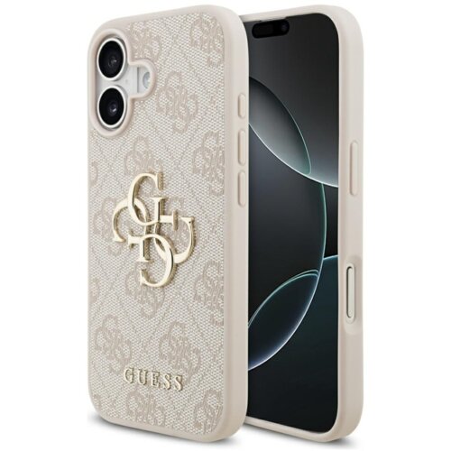 Etui na telefon w kolorze różowym z wzorem 4G i dużym złotym logo GUESS, przeznaczone do Apple iPhone 17. Na etui widoczny jest również napis "GUESS".