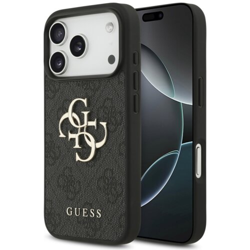 Czarne etui na telefon z widocznym dużym logo "4G" oraz napisem "GUESS" na dole. Etui jest założone na telefon z trzema obiektywami aparatu.