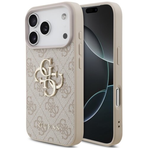Etui na telefon w kolorze różowym z dużym, złotym logo "4G" oraz napisem "GUESS" na tle wzoru z drobnymi logotypami. Etui jest dopasowane do modelu Apple iPhone 17 Pro, z widocznymi wycięciami na aparat i przyciski.