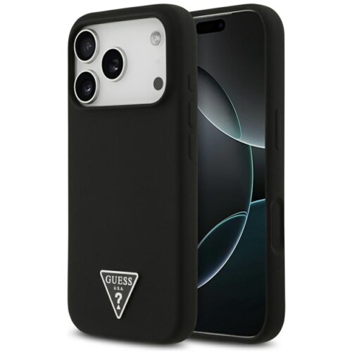 Czarne etui na telefon z trzema wycięciami na aparaty, ozdobione trójkątnym logo z napisem "GUESS U.S.A." na dole. Obok etui widoczny jest telefon z ciemnym ekranem.