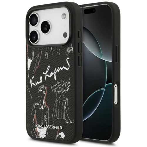 Czarne etui na telefon z białymi szkicami postaci i podpisem "Karl Lagerfeld" oraz logo "KARL LAGERFELD" na dole. Etui jest założone na telefon z trzema widocznymi obiektywami aparatu.