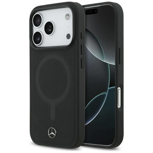 Czarne etui na telefon z trzema wycięciami na aparaty oraz okrągłym wzorem na tylnej części, z widocznym logo Mercedes na dole. Obok etui znajduje się telefon z wyświetlaczem pokazującym abstrakcyjny wzór.