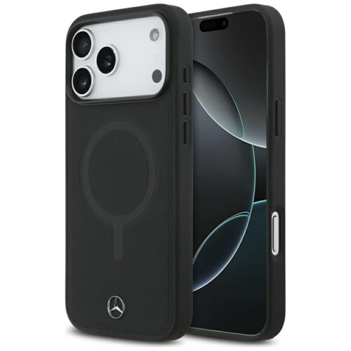 Czarne etui na telefon z logo Mercedes na dole, zaprojektowane do iPhone 17 Pro Max, z widocznym okręgiem MagSafe na tylnej części. Obok etui znajduje się telefon z wyświetlaczem pokazującym abstrakcyjny wzór.