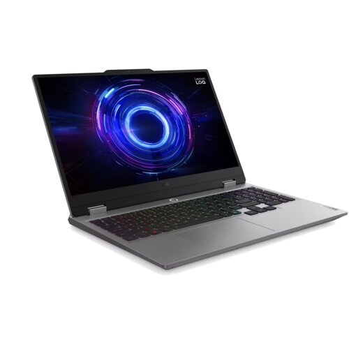 Na zdjęciu znajduje się otwarty laptop z kolorowym, abstrakcyjnym wzorem na ekranie oraz podświetlaną klawiaturą. W prawym górnym rogu ekranu widoczny jest napis "Lenovo LOQ".
