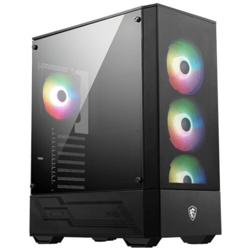 Czarna obudowa komputera z przezroczystym panelem bocznym, przez który widać podświetlone wentylatory RGB. Na dolnej części obudowy widoczne jest logo producenta.