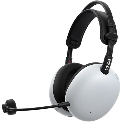 Białe, nauszne słuchawki bezprzewodowe z mikrofonem, posiadające czarny pałąk i poduszki nauszników. Na pałąku widoczne jest logo "SONY", a na uchwycie mikrofonu napis "INZONE".