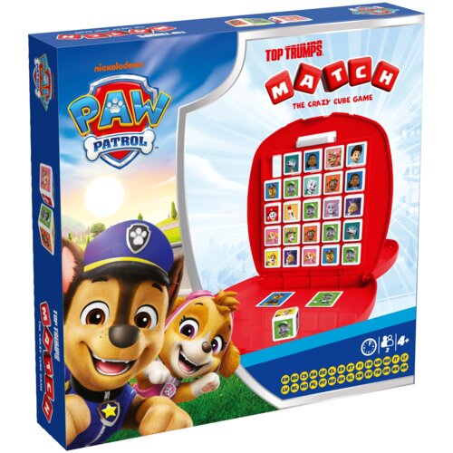 Pudełko gry logicznej z motywem "Psi Patrol" przedstawia kolorowe postacie z bajki na tle krajobrazu z wschodzącym słońcem. Na opakowaniu widnieje napis "TOP TRUMPS MATCH THE CRAZY CUBE GAME" oraz logo "PAW Patrol".