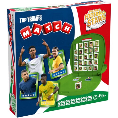 Pudełko gry logicznej "Top Trumps Match" z motywem piłkarskim, przedstawia zdjęcia piłkarzy na kolorowym tle oraz otwartą planszę z kostkami. Widoczne są napisy: "Top Trumps", "MATCH" oraz "World Football Stars", a także oznaczenia wiekowe i językowe.